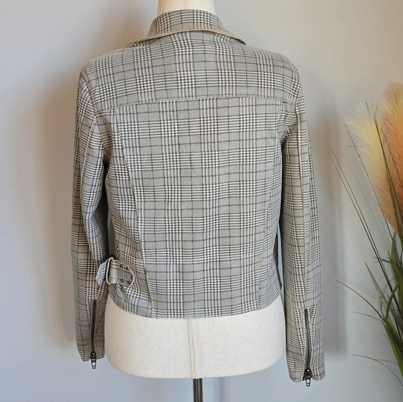 Revolve, New, Black NYC Glen Neutral Plaid Moto Zip Front Jacket, Size Medium - Picture 6 of 11